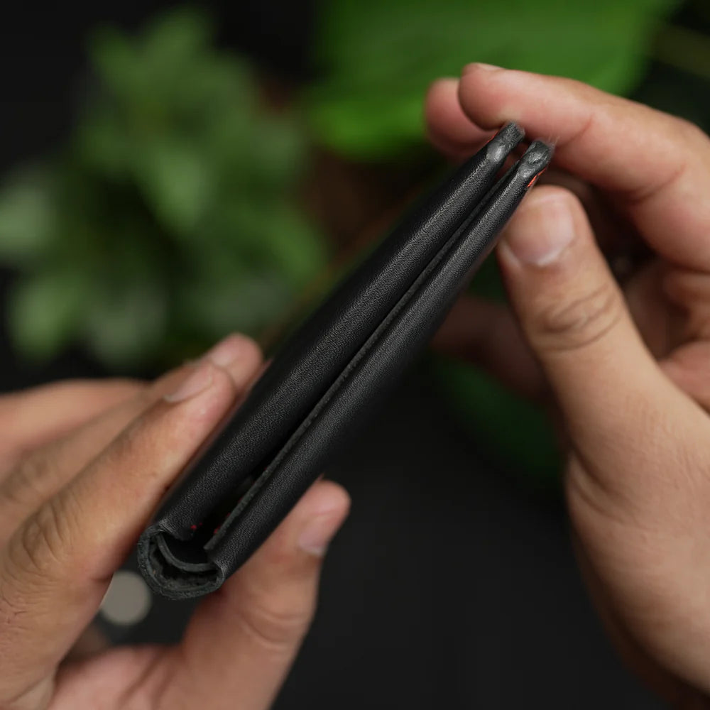 Waller de couro preto com bolso para moedas