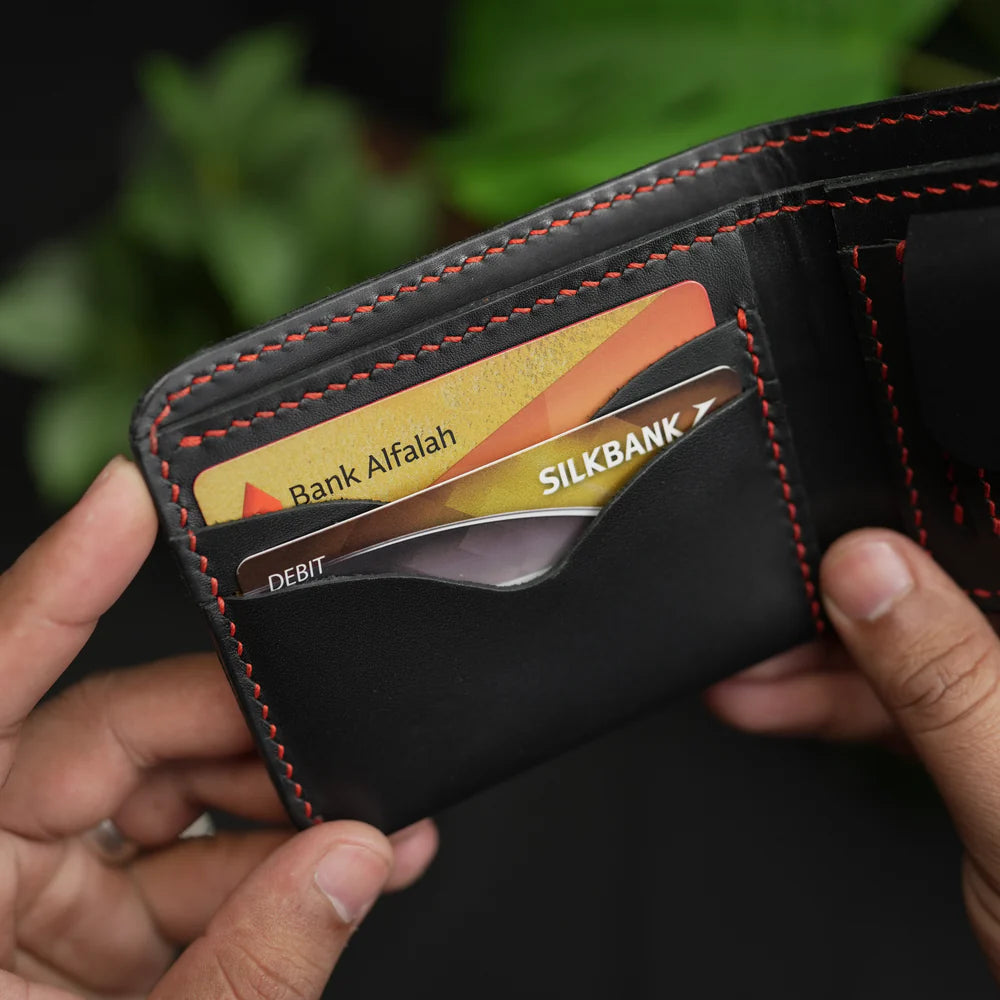 Waller de couro preto com bolso para moedas