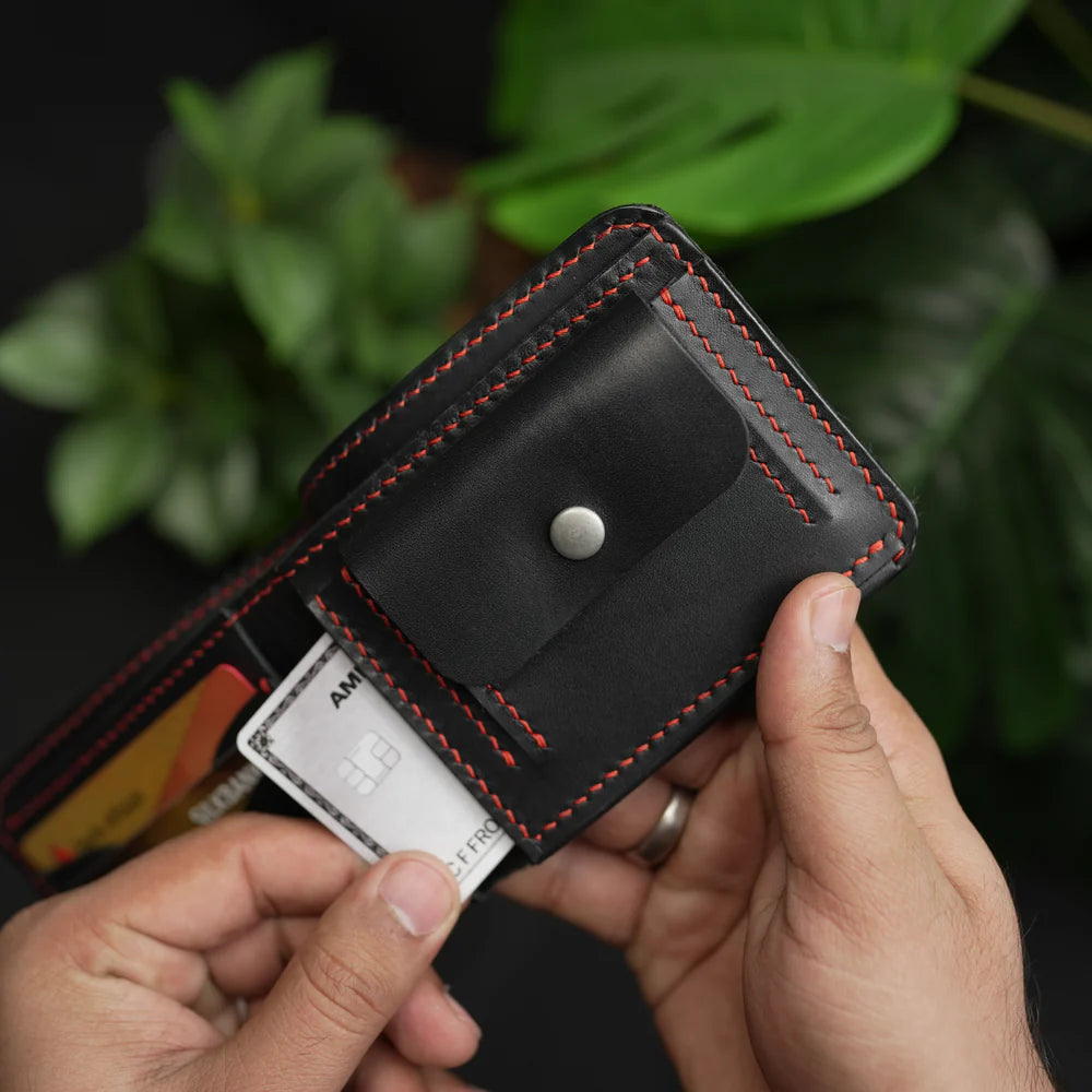 Waller de couro preto com bolso para moedas