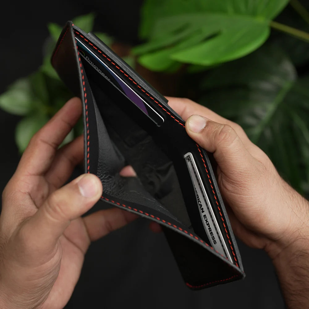 Waller de couro preto com bolso para moedas