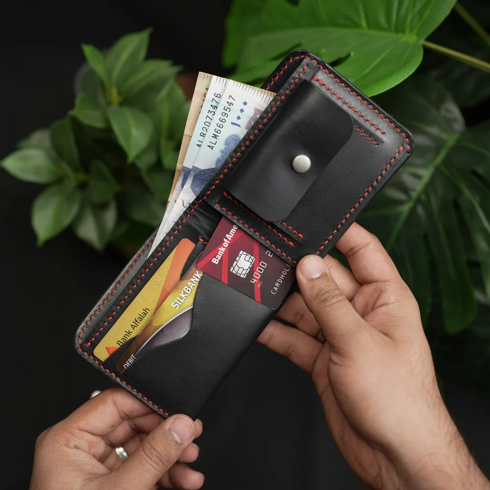 Waller de couro preto com bolso para moedas