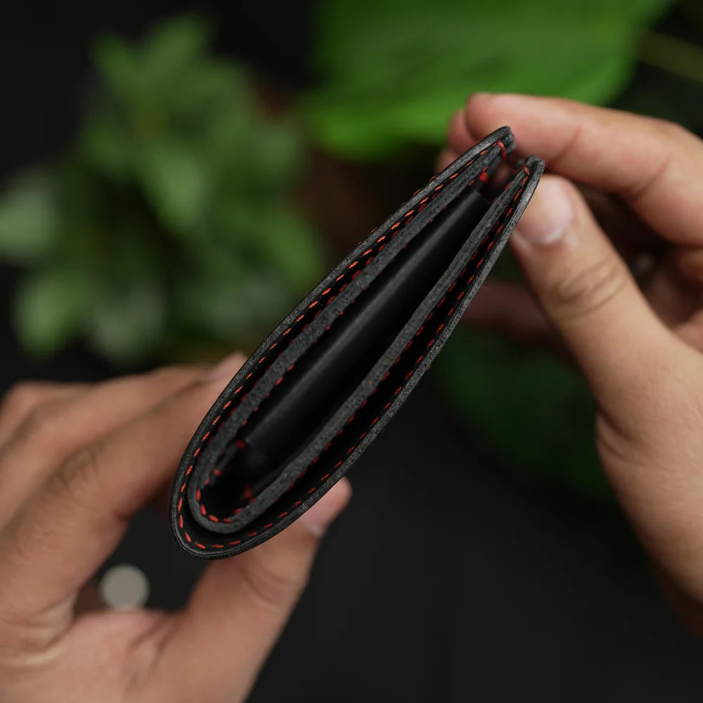 Waller de couro preto com bolso para moedas