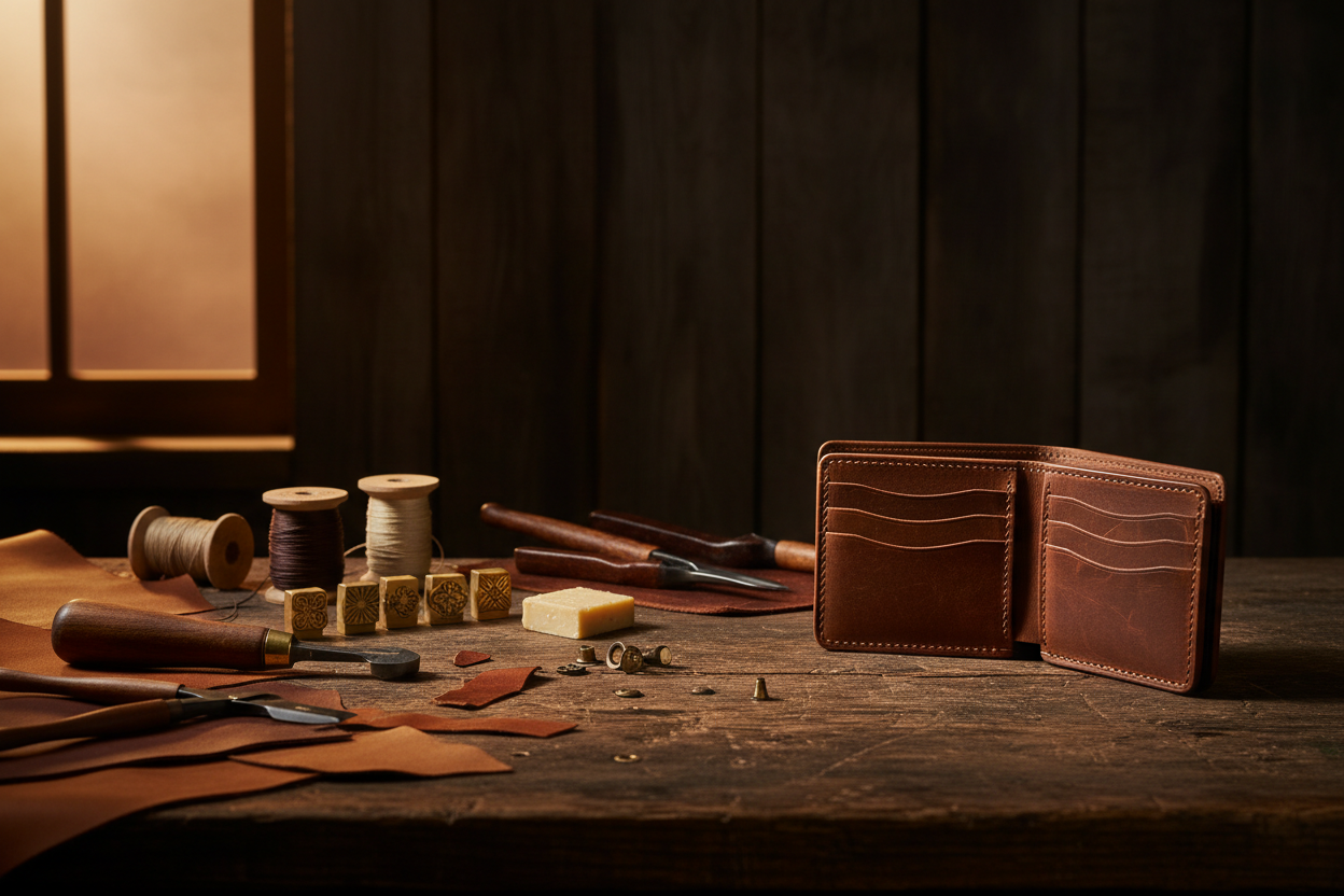 Design an image for an online leather wallet website. Design must include a brown leather wallet on the right side and the rest of the image with vintage looks of handmade leather wallet processing. Image should not include any human. If possible give the image with black shades.
