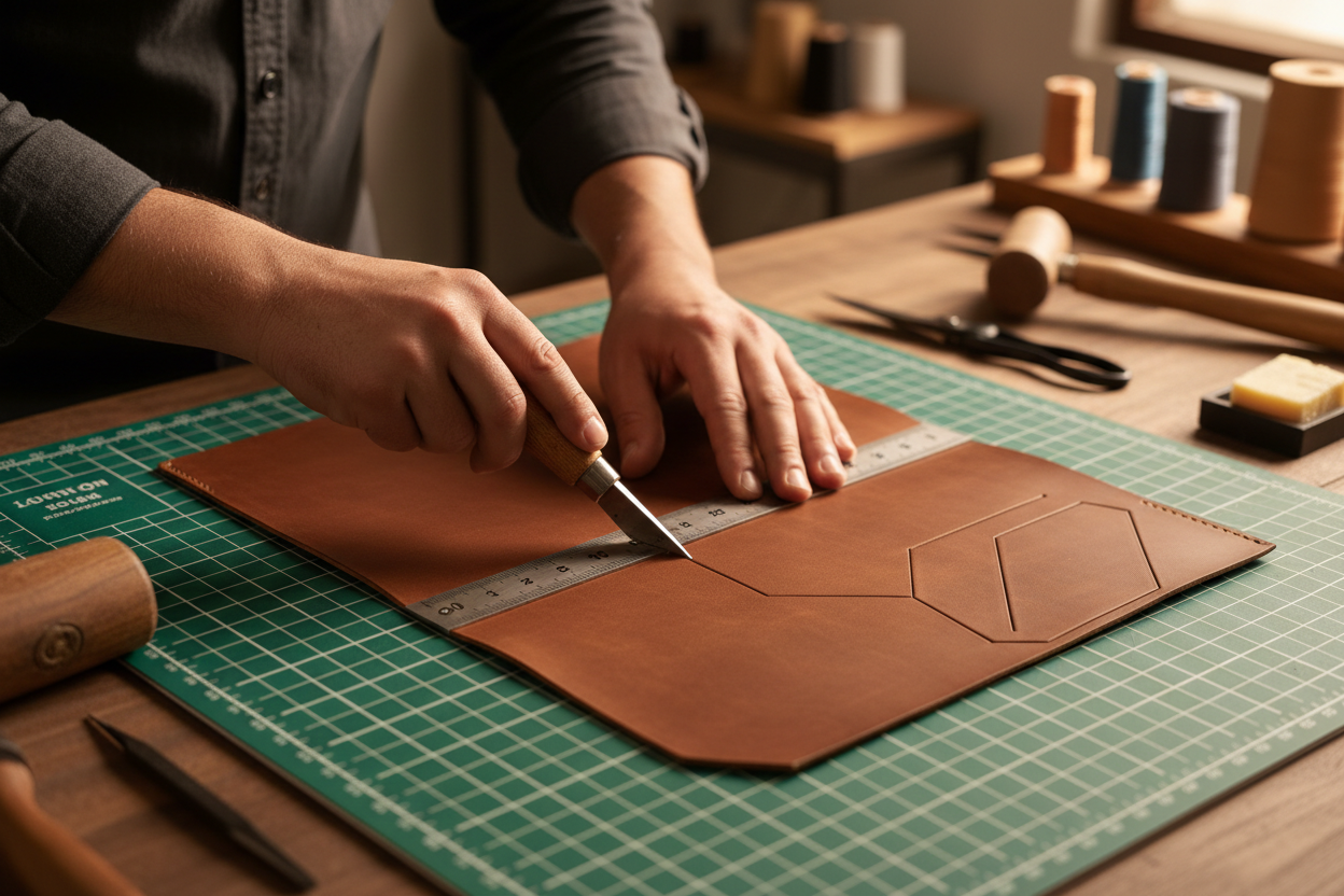 draw an image for for the process of handmade leather wallet.
